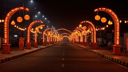 Fototapeta premium Ornate Lantern Arches Illuminate Festive Eid Street at Night