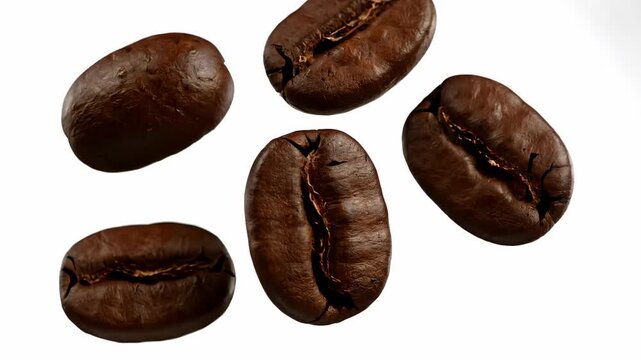 Levitating Roasted Coffee Beans Rotating in Midair on White Studio Background