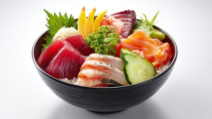 Assorted Fresh Sashimi Over Rice In A Black Bowl With Sliced Cucumber And Yellow Mango Slices
