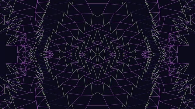 Abstract digital wireframe graphic featuring a symmetrical repeating neon geometric pattern composed of interconnected lines creating an illusion of depth against a dark background for futuristic desi