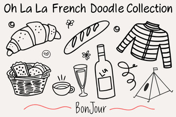 A charming doodle collection featuring french pastries wine and other items © ShreeShuvoKumar