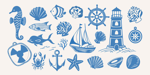 Stylized nautical illustrations featuring sea creatures shells and maritime objects © ShreeShuvoKumar