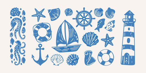 Blue nautical illustrations featuring seashells a sailboat and a lighthouse © ShreeShuvoKumar