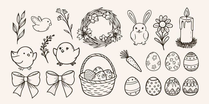 Hand drawn easter elements including bunnies chicks and decorated eggs