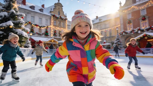 Portrait of little kid girl friend enjoy having fun at outdoor ice skating rink while travel in old european city in winter cold sunny day