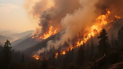 Fototapeta premium Massive Wildfire Caused by Heatwave: Huge forest wildfire burning across mountains during extreme heatwave, thick smoke filling the sky, glowing flames and burning trees, climate change concept