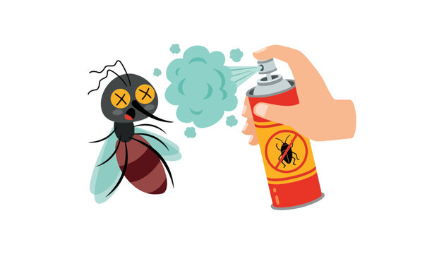 Insecticide spray killing a cartoon fly with a hand holding can