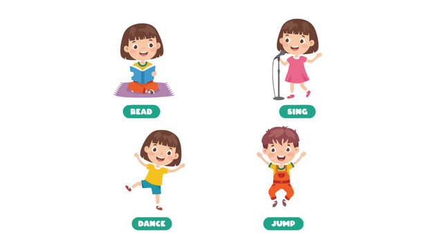 A girl in various action poses illustrating common verbs for kids
