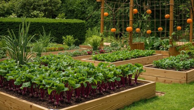 Cultivating veggies in wooden raised beds surrounded by boxwood hedges, with salad beets in rows and climbing pumpkins and cucumbers