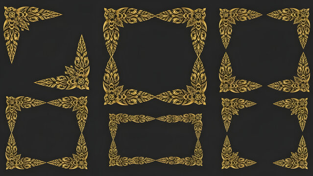 Golden thai floral ornament frames collection on dark background featuring elegant traditional patterns