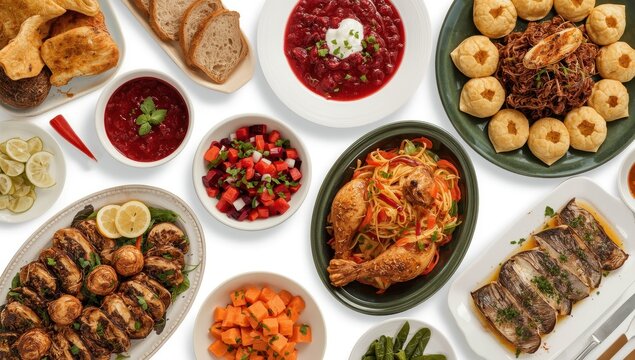 Compilation of well-known Russian foods, including soups and salads, displayed on a white background