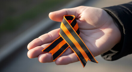 St. George ribbon in hand symbolizing Victory Day