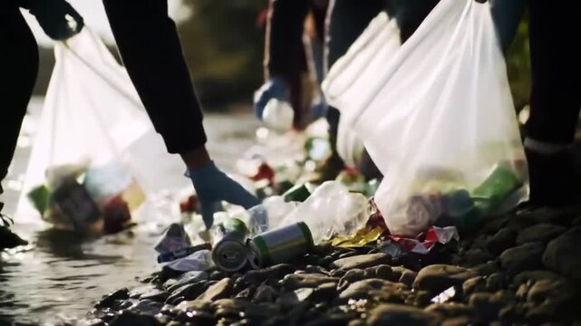 Volunteers cleaning up river banks and collecting trash in plastic bags during daylight