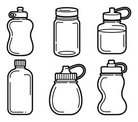 Set of Water Bottles Outline Vector Illustration