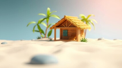 Fototapeta premium Idyllic Miniature Tropical Beach Hut on Sandy Shore with Palm Trees under Blue Sky