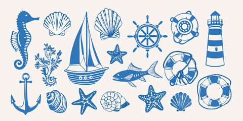 Blue nautical illustrations featuring seashells boats and ocean life © BasobiBala