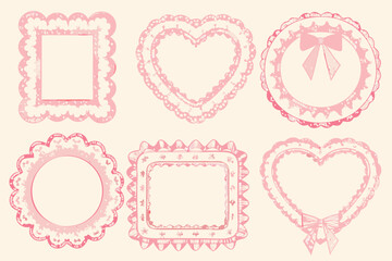 Pink decorative frames and shapes with ornate scalloped edges presented
