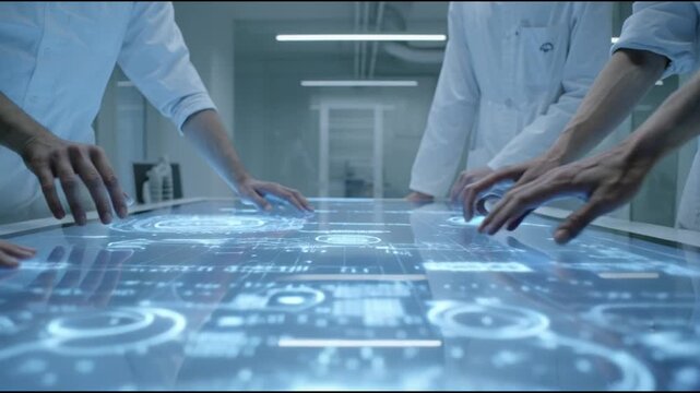 Futuristic interactive screen technology with scientists in a laboratory setting