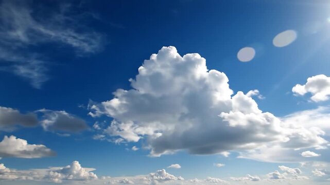 Bright blue sky with f white clouds and a radiant sun shining through