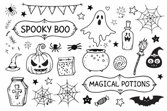 Hand drawn halloween elements including ghosts spiders and pumpkins
