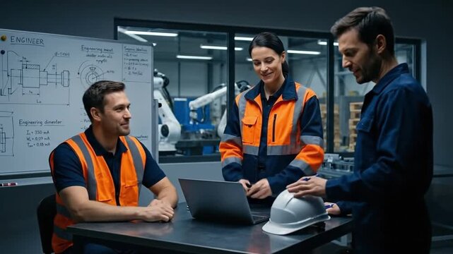 Diverse Team of Engineers and Factory Workers Collaborating in Modern Industrial Facility with Robotics Technology