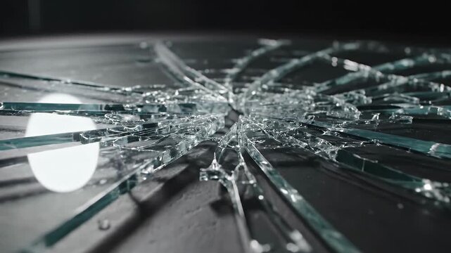 Clear glass shattered into sharp fragments on a muted background