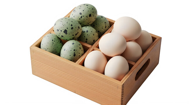 Fresh assorted speckled and white eggs in a wooden crate isolated on transparent background