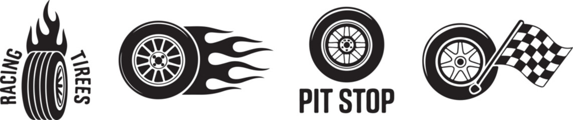 Set of racing car tires and checkered flag in silhouette style on transparent background