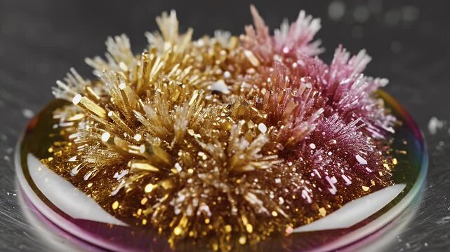 Colorful syrup drop slowly crystallizing into intricate forms