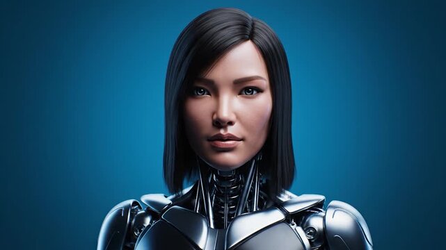 A futuristic female robot with sleek design and dark hair looks forward with