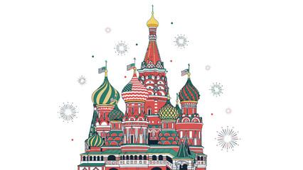 Illustration of St. Basil's Cathedral in Moscow with colorful onion domes and snowflakes on a white background.