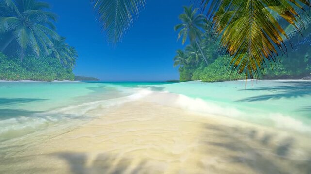 Idyllic tropical beach with clear turquoise ocean waves gently lapping white