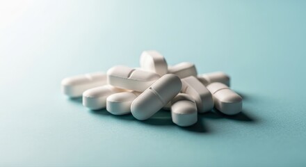 Meticulously arranged white antibiotic tablets subtly glisten on a smooth gradient background, showcasing pharmaceutical medication imagery for health and wellness