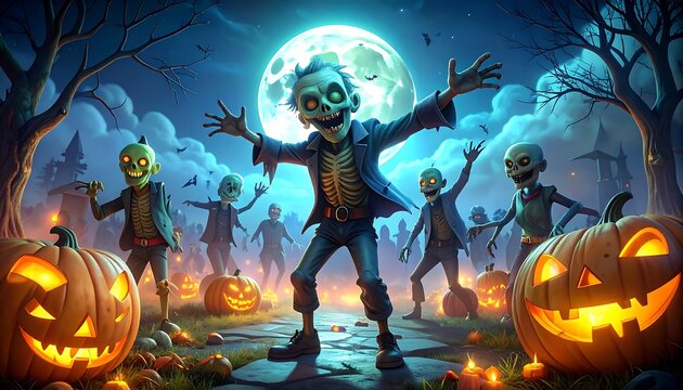 A spooky Halloween scene with dancing zombies and jack-o-lanterns