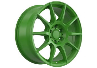 Obraz premium A vibrant green car wheel with a sleek and modern design isolated on white background