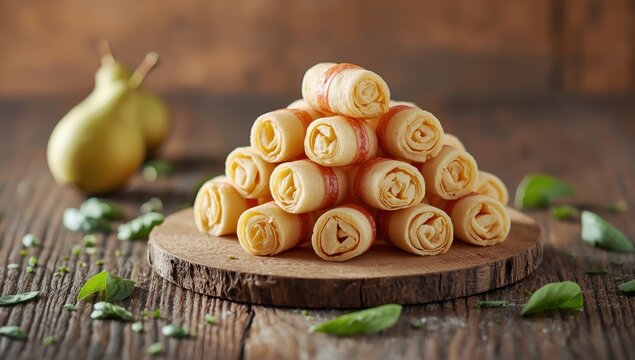 Stack of fruit leather rolls for tea. Nutritious sweet treat for children