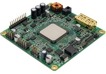 A close-up view of a complex and intricate green circuit board with various components. isolated on white background