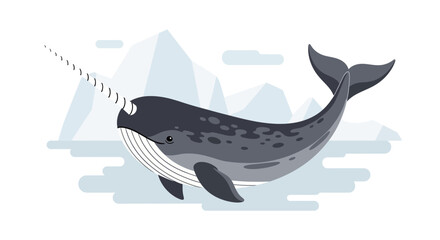 Narwhal Arctic Ocean Whale with Tusk, Iceberg Background, Flat Design © jas