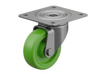 A green industrial caster wheel with a metal plate and threaded stem isolated on white background