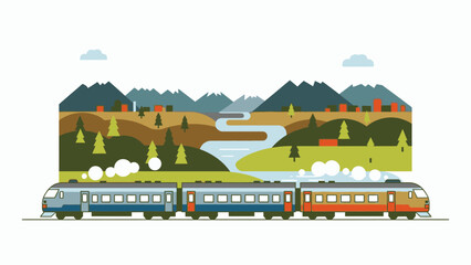 Colorful illustration of a train traveling through a scenic landscape with mountains, river, and trees on a white background.