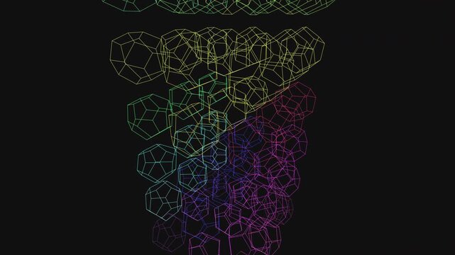 Seamless 4K UHD 3D volumetric grid of the Dodecahedron ascending infinitely. Ajna chakra activation with polar noise ripples. Perfect ambient background for meditation, yoga, zen, and sound baths.