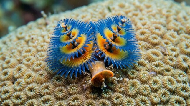 vibrant blue and yellow christmas tree worm on coral reef
