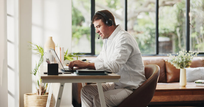 Businessman, agent and laptop with headset in home for online advice or customer service. Man, freelance consultant or remote work with computer for virtual assistance, web support or help in house