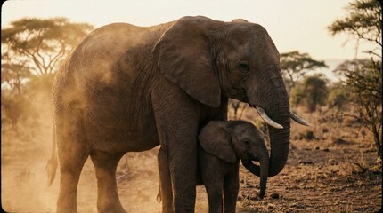 Fototapeta premium adult and baby elephant in african savanna during sunset