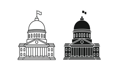 Two domed government buildings with flags on top in black and white line art style