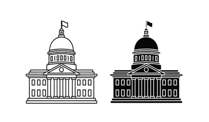 Two government buildings with domes and columns in black and white line art © rsvect02
