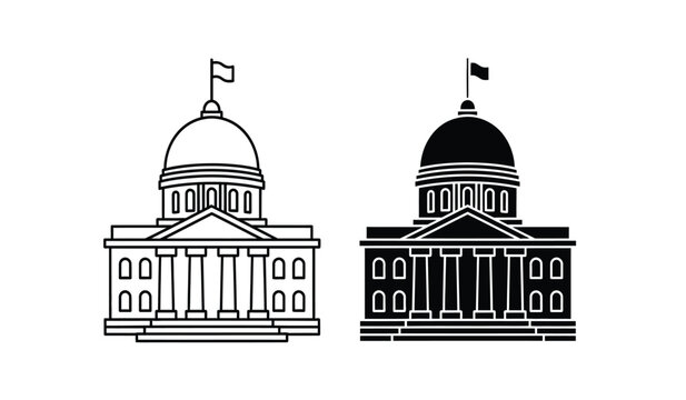 Black and white illustration of two domed government buildings with flags on top, side by side, in line art style