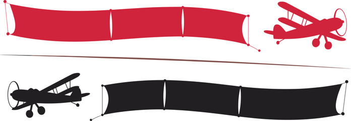 Vintage biplane airplane towing advertising banner vector illustration with red and black silhouettes aerial marketing concept isolated aircraft with blank flying banner © Mostofa Expressive