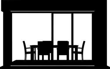 Fototapeta premium Dining table and chairs seen through window frame silhouette