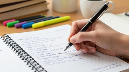 Close up of a persons hand writing in a notebook with a pen, surrounded by study materials.